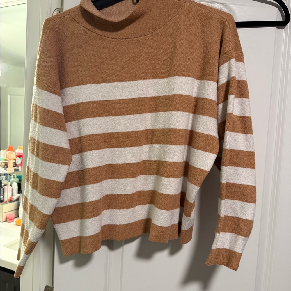Anthropologie Brown and White Striped Turtleneck Sweater